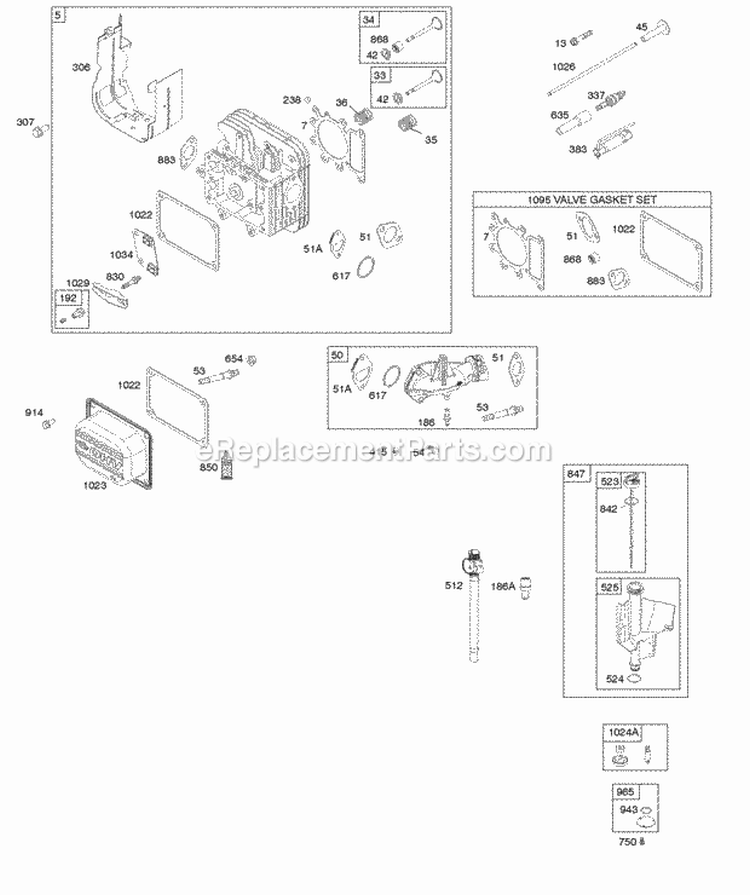 Cylinder Head Gasket Set-Valve Intake Manifold Lubrication Valves Diagram and Parts List for 331777-0546-E1  Briggs and Stratton Engine